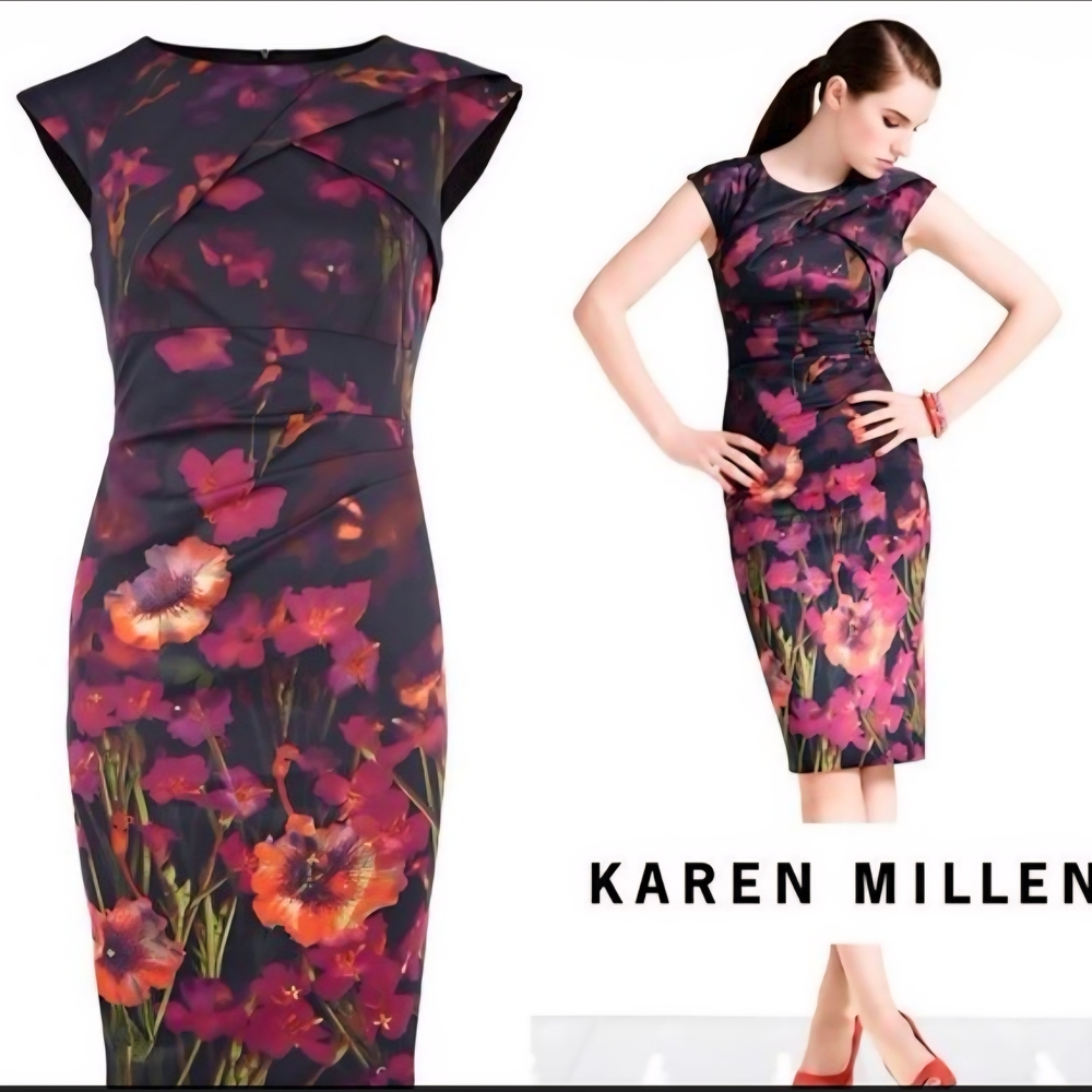 Karen Millen Purple and Pink Midi Dress Dark Floral prom